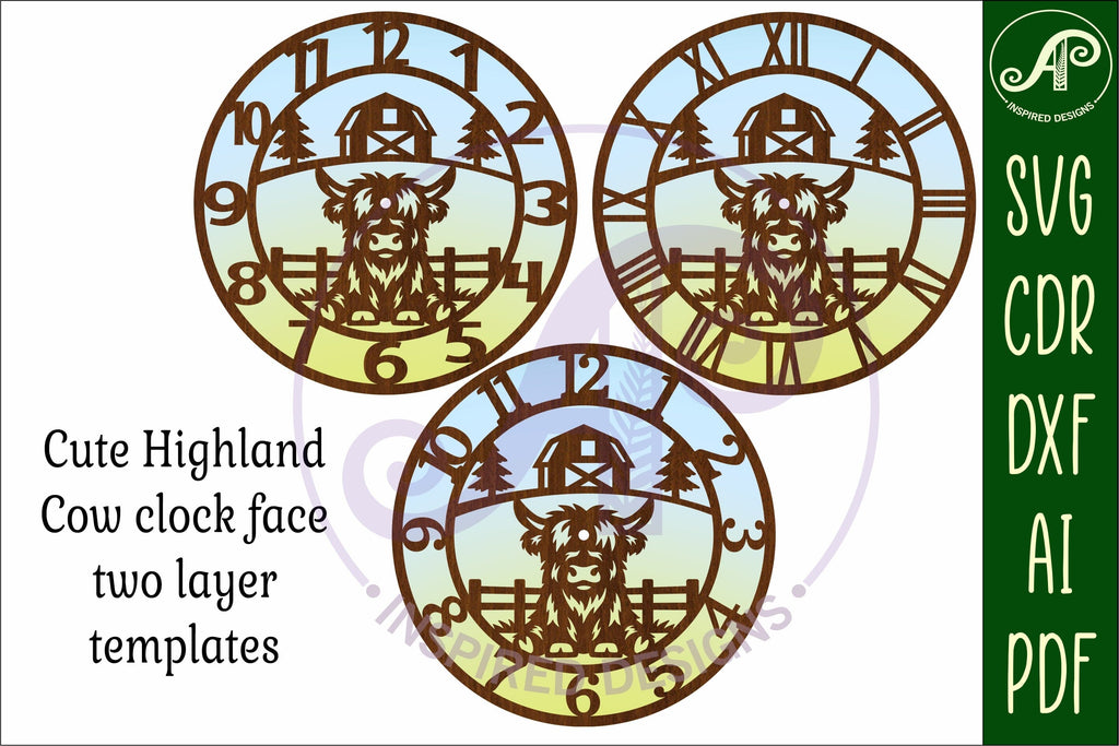Cute Highland Cow clock wall clock laser cut file - So Fontsy