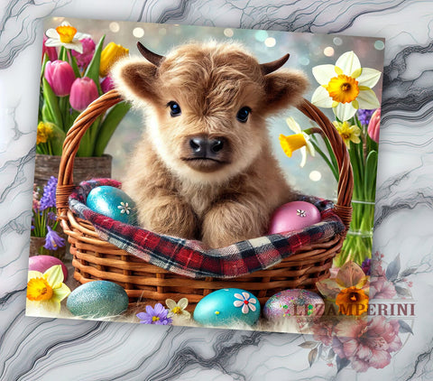 Cute Highland Cow Easter Basket Tumbler Wrap, Highland Cow Tumbler, Basket Tumbler, Spring Drinkware, Farmhouse Decor, Custom Tumbler, Cute Cow Gift Sublimation Li Zamperini 
