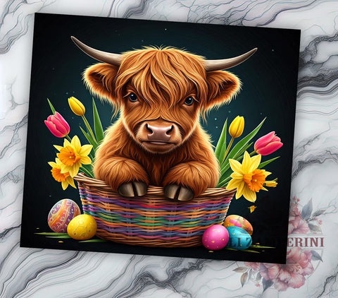 Cute Highland Cow Easter Basket Tumbler Wrap, Highland Cow Tumbler, Basket Tumbler, Spring Drinkware, Farmhouse Decor, Custom Tumbler, Cute Cow Gift Sublimation Li Zamperini 