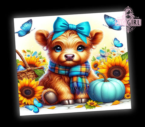 Cute Highland Cow, Fall Tumbler Wrap, Autumn Pumpkins, 20oz Tumbler, Sublimation Design, Baby Cow Decor, Harvest Drinkware Sublimation SvggirlplusArt 