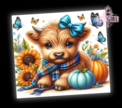 Cute Highland Cow, Fall Tumbler Wrap, Autumn Pumpkins, 20oz Tumbler, Sublimation Design, Baby Cow Decor, Harvest Drinkware Sublimation SvggirlplusArt 