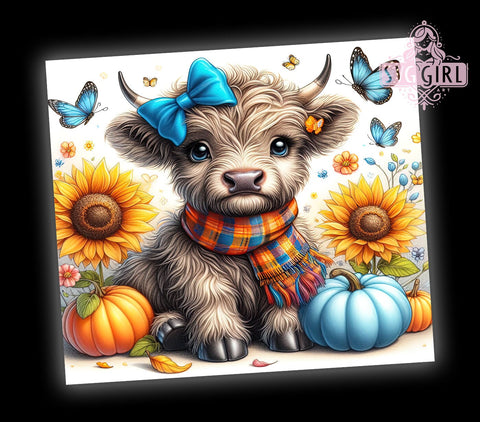 Cute Highland Cow, Fall Tumbler Wrap, Autumn Pumpkins, 20oz Tumbler, Sublimation Design, Baby Cow Decor, Harvest Drinkware Sublimation SvggirlplusArt 