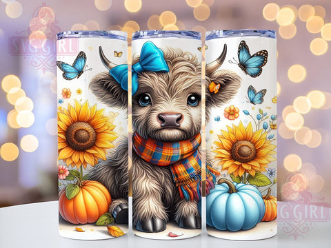 Cute Highland Cow, Fall Tumbler Wrap, Autumn Pumpkins, 20oz Tumbler, Sublimation Design, Baby Cow Decor, Harvest Drinkware Sublimation SvggirlplusArt 