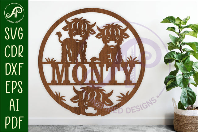 Cute highland cow farm name sign design for laser cutting SVG APInspireddesigns 