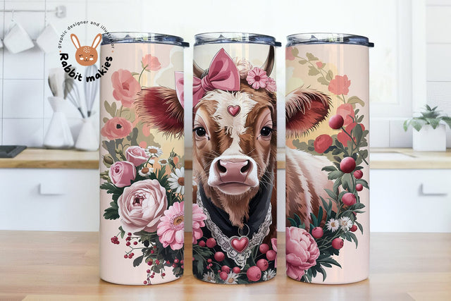 Cute Highland Cow Floral Tumbler Wrap Seamless PNG for 20oz Skinny Tumbler Digital Download High Quality Instant Download Coquette Pink Sublimation Rabbitmakies 