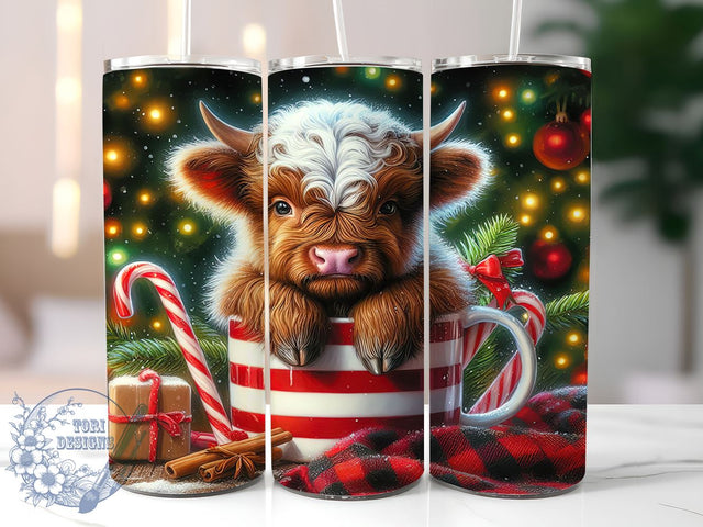 Cute Highland Cow Hot Chocolate 20oz Skinny Tumbler PNG, Christmas Tumbler Sublimation Wrap, Straight & Tapered Tumbler Wrap, Instant Digital Download Sublimation ToriDesigns 