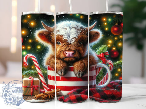 Cute Highland Cow Hot Chocolate 20oz Skinny Tumbler PNG, Christmas Tumbler Sublimation Wrap, Straight & Tapered Tumbler Wrap, Instant Digital Download Sublimation ToriDesigns 