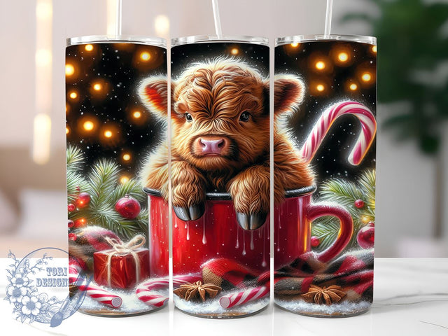 Cute Highland Cow Hot Chocolate 20oz Skinny Tumbler PNG, Christmas Tumbler Sublimation Wrap, Straight & Tapered Tumbler Wrap, Instant Digital Download Sublimation ToriDesigns 