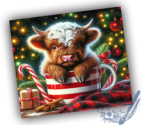 Cute Highland Cow Hot Chocolate 20oz Skinny Tumbler PNG, Christmas Tumbler Sublimation Wrap, Straight & Tapered Tumbler Wrap, Instant Digital Download Sublimation ToriDesigns 