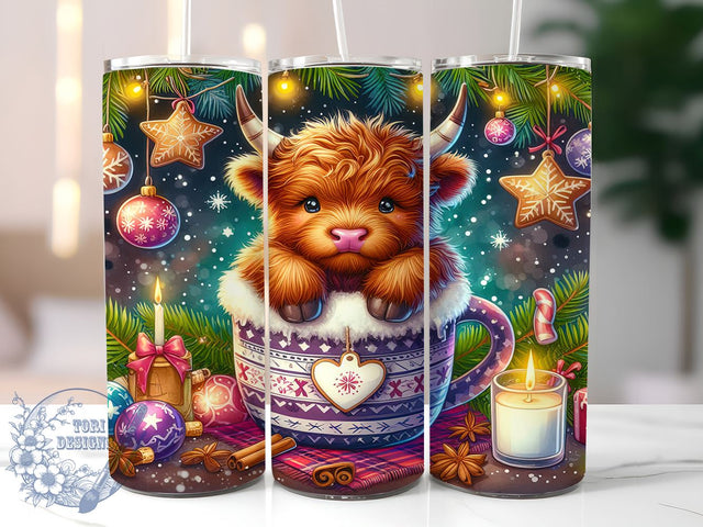 Cute Highland Cow Hot Chocolate 20oz Skinny Tumbler PNG, Highland Cow Tumbler Sublimation Wrap, Straight & Tapered Tumbler Wrap, Instant Digital Download Sublimation ToriDesigns 