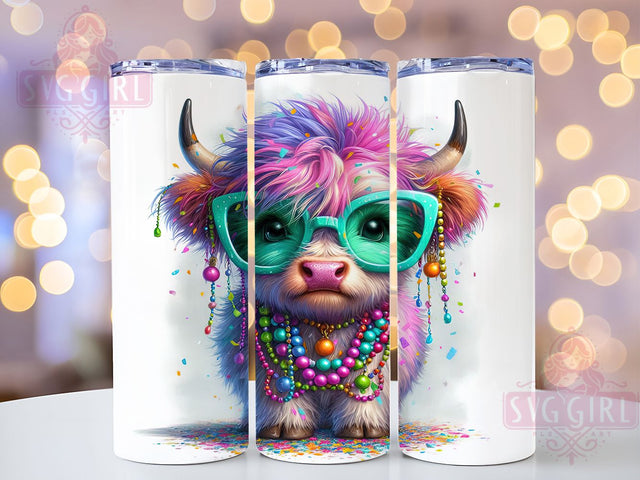 Cute Highland Cow Mardi Gras Tumbler, Carnival Highland Cow Wrap, Festive Party Cup, 20oz Sublimation Wrap, New Orleans Celebration Tumbler, Adorable Cow Design Cup, Mardi Gras Animal Theme Wrap Sublimation SvggirlplusArt 