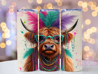 Cute Highland Cow Mardi Gras Tumbler, Carnival Highland Cow Wrap, Festive Party Cup, 20oz Sublimation Wrap, New Orleans Celebration Tumbler, Adorable Cow Design Cup, Mardi Gras Animal Theme Wrap Sublimation SvggirlplusArt 