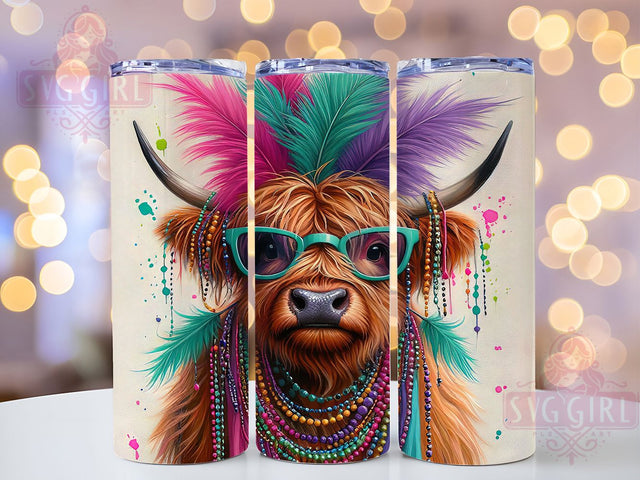 Cute Highland Cow Mardi Gras Tumbler, Carnival Highland Cow Wrap, Festive Party Cup, 20oz Sublimation Wrap, New Orleans Celebration Tumbler, Adorable Cow Design Cup, Mardi Gras Animal Theme Wrap Sublimation SvggirlplusArt 