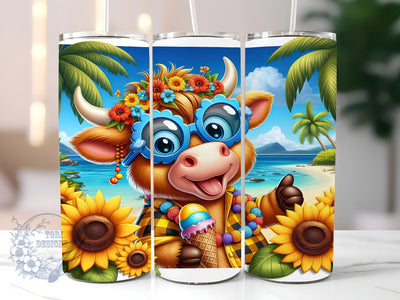 Cute Highland Cow on Beach 20oz Skinny Tumbler, Highland Cow Tumbler Png, Straight & Tapered Tumbler Wrap, Instant Digital Download Sublimation ToriDesigns 