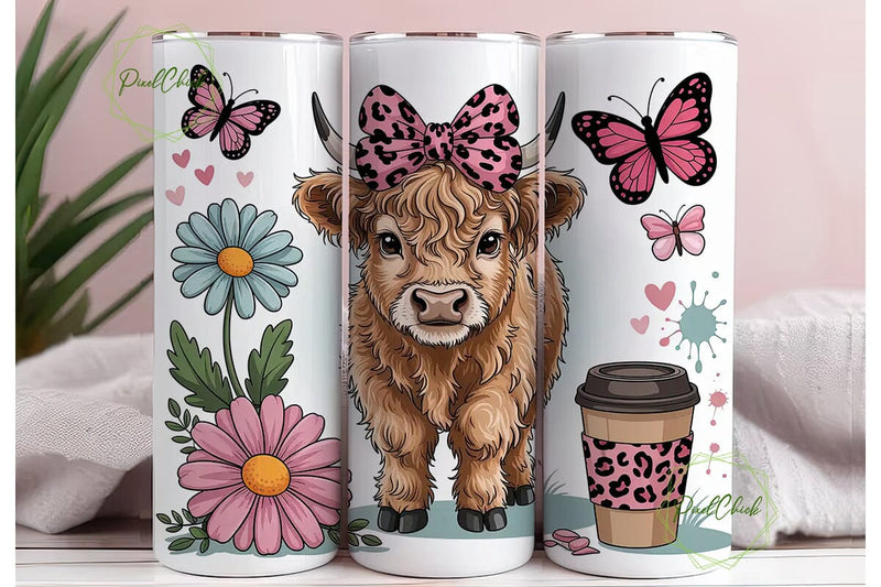 Cute Highland Cow Pink Leopard Tumbler Sublimation PixelChick 