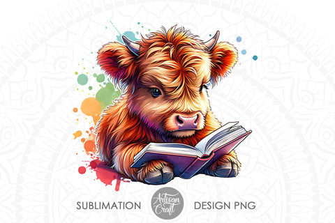 Cute Highland Cow, reading a book Sublimation Artisan Craft SVG 