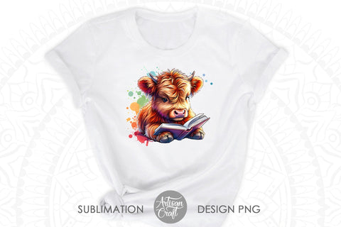 Cute Highland Cow, reading a book Sublimation Artisan Craft SVG 