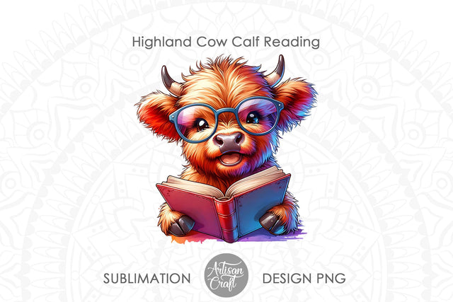 Cute highland cow reading a book with glasses Sublimation Artisan Craft SVG 