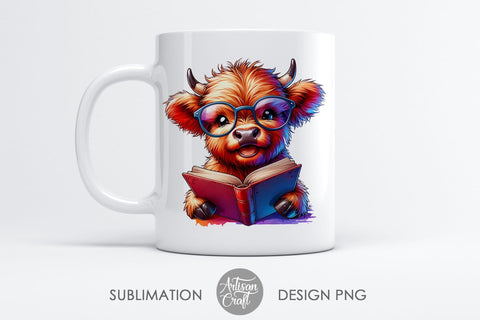 Cute highland cow reading a book with glasses Sublimation Artisan Craft SVG 