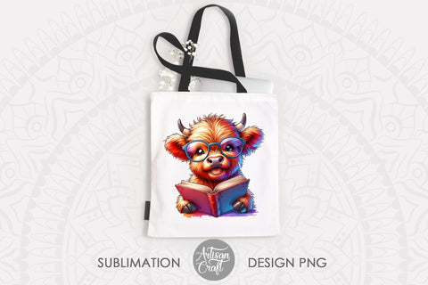 Cute highland cow reading a book with glasses Sublimation Artisan Craft SVG 