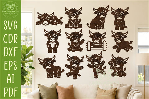 Cute Highland Cow Silhouette Bundle x 12 SVG APInspireddesigns 