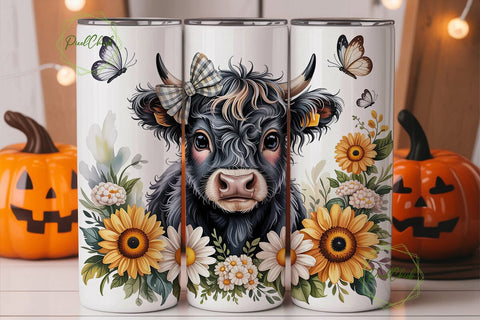 Cute Highland Cow Sunflower 20oz Tumbler Sublimation PixelChick 