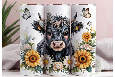Cute Highland Cow Sunflower 20oz Tumbler Sublimation PixelChick 