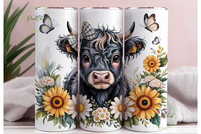 Cute Highland Cow Sunflower 20oz Tumbler Sublimation PixelChick 