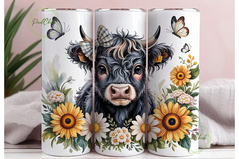 Cute Highland Cow Sunflower 20oz Tumbler Sublimation PixelChick 