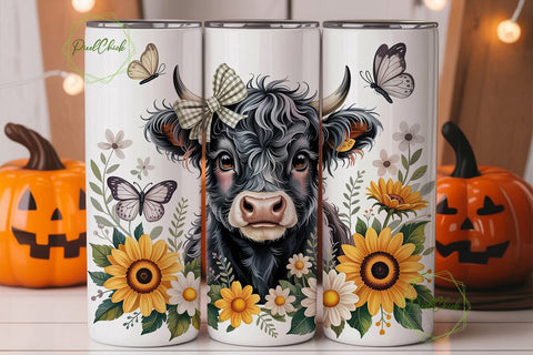 Cute Highland Cow Sunflower 20oz Tumbler Sublimation PixelChick 