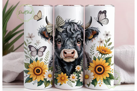 Cute Highland Cow Sunflower 20oz Tumbler Sublimation PixelChick 