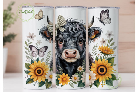 Cute Highland Cow Sunflower 20oz Tumbler Sublimation PixelChick 