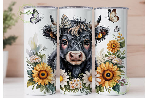 Cute Highland Cow Sunflower 20oz Tumbler Sublimation PixelChick 