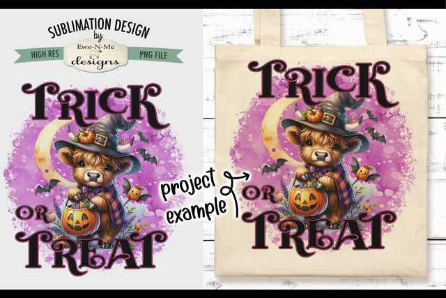 Cute Highland Cow Trick or Treat Halloween PNG Design for Sublimation and DTF Sublimation Ewe-N-Me Designs 