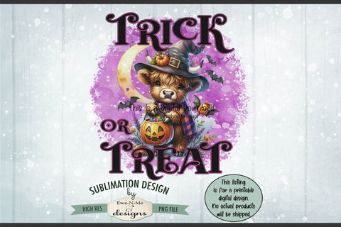 Cute Highland Cow Trick or Treat Halloween PNG Design for Sublimation and DTF Sublimation Ewe-N-Me Designs 