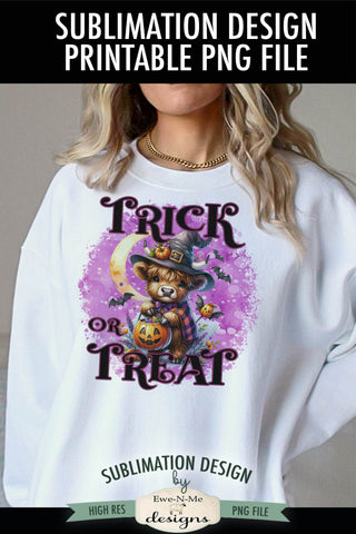 Cute Highland Cow Trick or Treat Halloween PNG Design for Sublimation and DTF Sublimation Ewe-N-Me Designs 