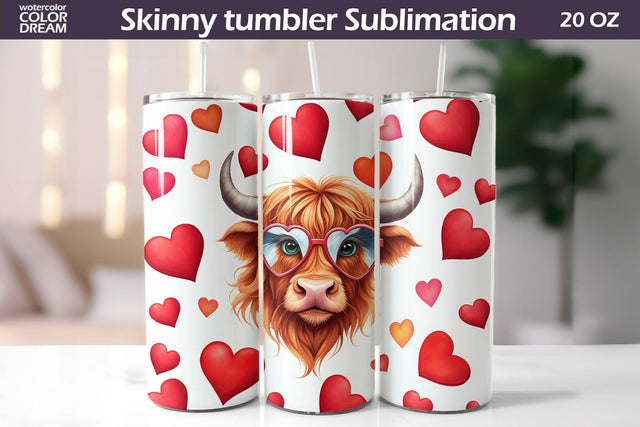 Cute Highland Cow Valentine Tumbler | Valentines Day Tumbler Wrap Sublimation WatercolorColorDream 