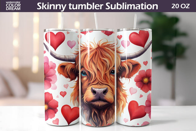Cute Highland Cow Valentine Tumbler | Valentines Day Tumbler Wrap Sublimation WatercolorColorDream 