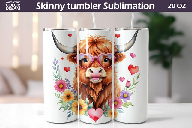 Cute Highland Cow Valentine Tumbler | Valentines Day Tumbler Wrap Sublimation WatercolorColorDream 