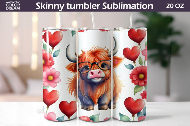 Cute Highland Cow Valentine Tumbler | Valentines Day Tumbler Wrap Sublimation WatercolorColorDream 