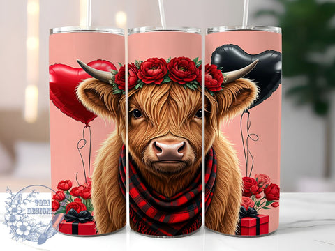 Cute Highland Cow Valentine's Day Tumbler, Valentine's Day Wrap, 20oz Sublimation Tumbler, Cute Cow Gift, Farm Animal Drinkware, Love Themed Tumbler, Unique Valentine's Gift Sublimation ToriDesigns 