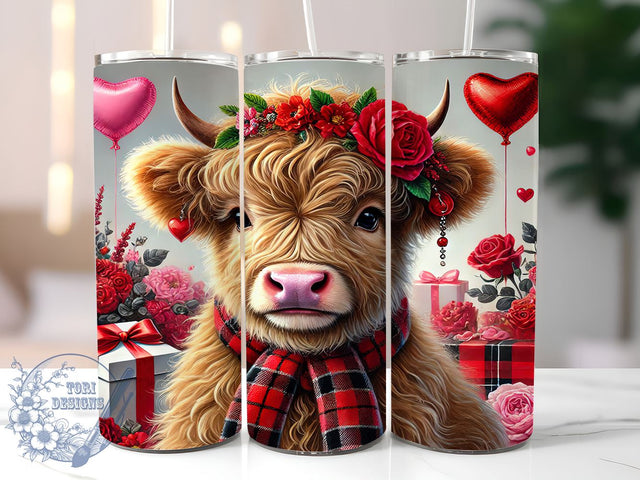 Cute Highland Cow Valentine's Day Tumbler, Valentine's Day Wrap, 20oz Sublimation Tumbler, Cute Cow Gift, Farm Animal Drinkware, Love Themed Tumbler, Unique Valentine's Gift Sublimation ToriDesigns 