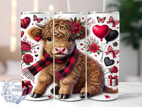 Cute Highland Cow Valentine's Day Tumbler, Valentine's Day Wrap, 20oz Sublimation Tumbler, Cute Cow Gift, Farm Animal Drinkware, Love Themed Tumbler, Unique Valentine's Gift Sublimation ToriDesigns 