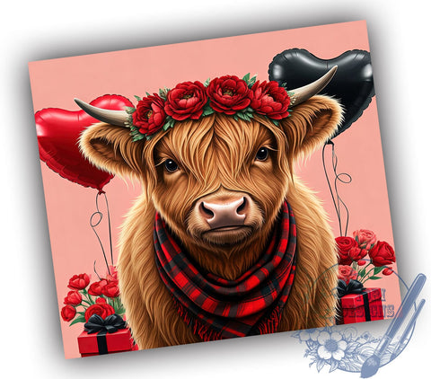 Cute Highland Cow Valentine's Day Tumbler, Valentine's Day Wrap, 20oz Sublimation Tumbler, Cute Cow Gift, Farm Animal Drinkware, Love Themed Tumbler, Unique Valentine's Gift Sublimation ToriDesigns 
