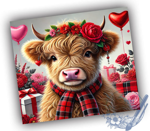 Cute Highland Cow Valentine's Day Tumbler, Valentine's Day Wrap, 20oz Sublimation Tumbler, Cute Cow Gift, Farm Animal Drinkware, Love Themed Tumbler, Unique Valentine's Gift Sublimation ToriDesigns 