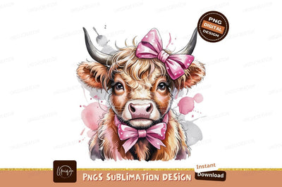 Cute Highland Cow Watercolor With Pink Bows Sublimation Designangry 