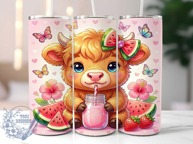 Cute Highland Cow Watermelon 20oz Tumbler Wrap, Highland Cow, Watermelon Motif, Cute Design, Summer Theme, Whimsical Charm, Skinny Tumbler, Sublimation PNG Sublimation ToriDesigns 