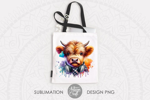 Cute highland cow wearing headphones, plaid scarf, ear tag Sublimation Artisan Craft SVG 
