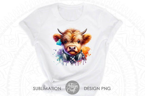 Cute highland cow wearing headphones, plaid scarf, ear tag Sublimation Artisan Craft SVG 