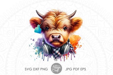 Cute highland cow wearing headphones, plaid scarf, ear tag Sublimation Artisan Craft SVG 